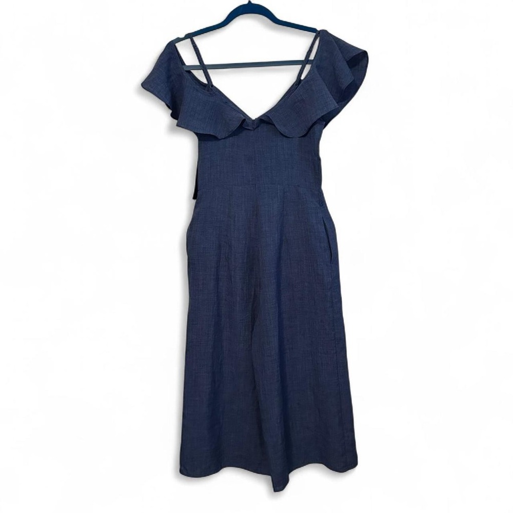 Lulu's Blue Chambray Ruffle Off Shoulder Jumpsuit Small